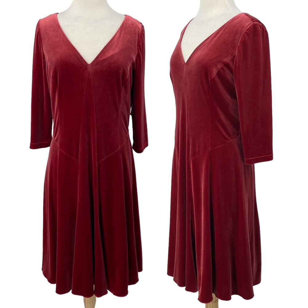 Coldwater Creek Velvet Dress Fit & Flare V Neck Midi 3/4 Sleeve Red NEW Womens M